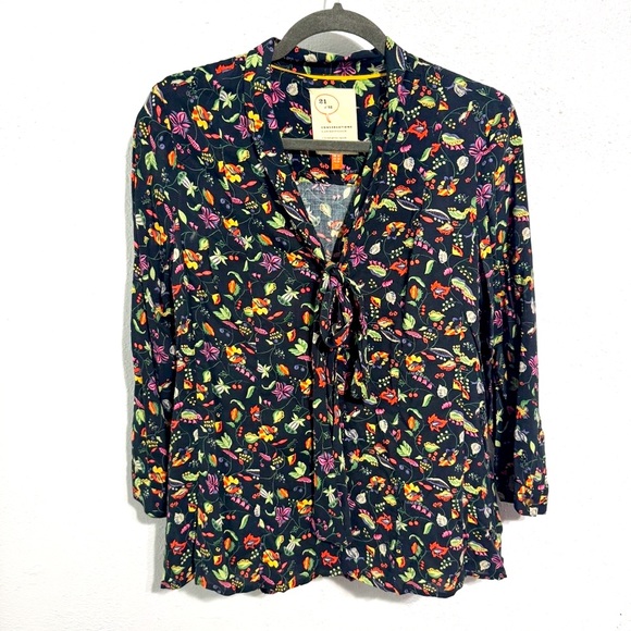 Anthropologie Pink and Black 3/4 Sleeve Blouse with collar bow size 10 - Picture 1 of 7